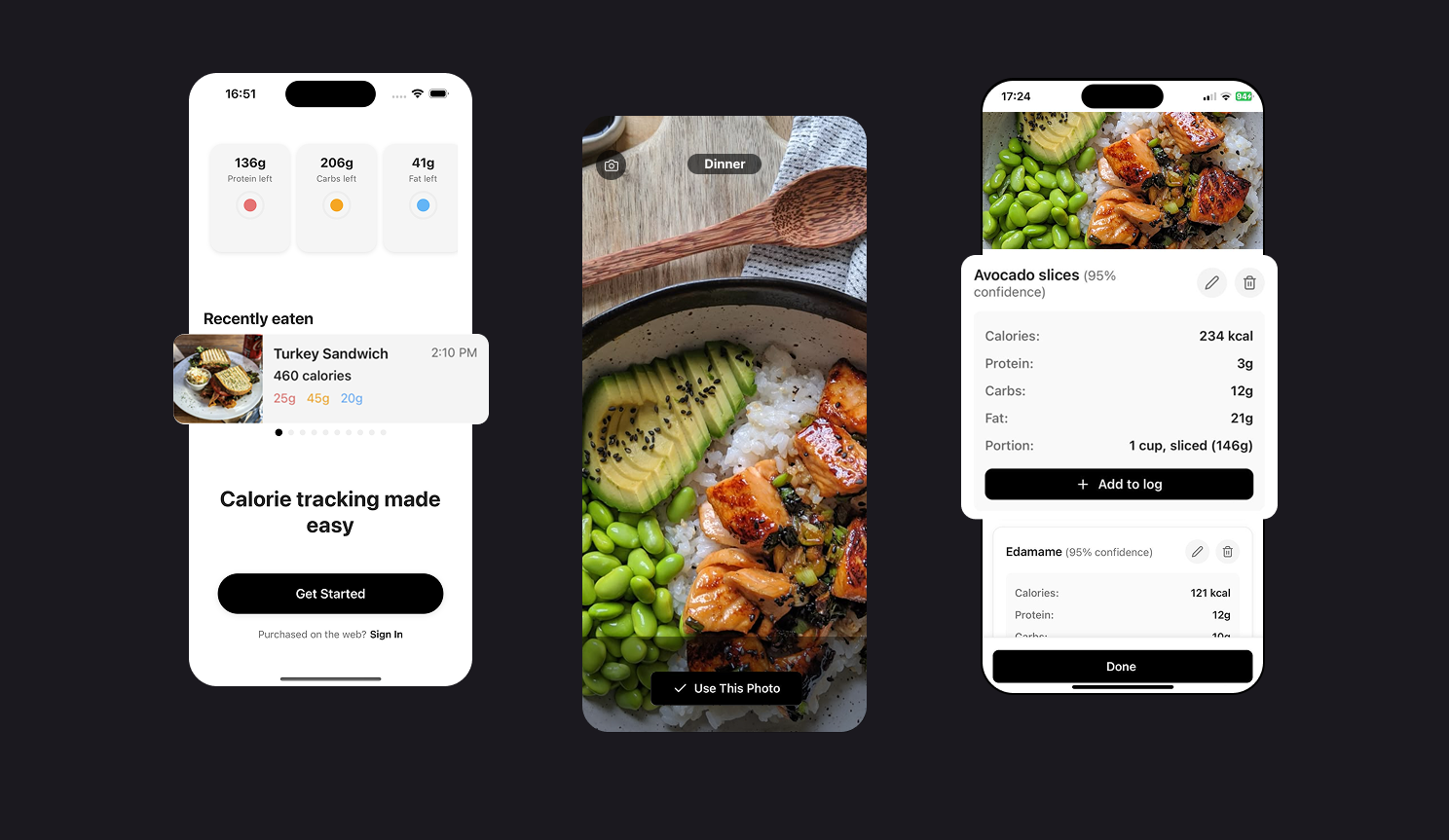 Snap Cals app interface showing food tracking features